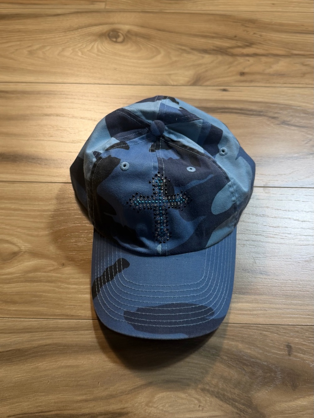 Blue Camo Baseball Cap with Rhinestone Cross
